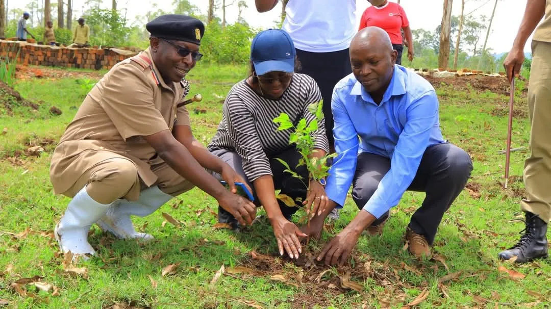 PS Anne Wang'ombe (centre) plants a tree at Nyanturago Wetlands in Ibeno Ward, Kisii County.