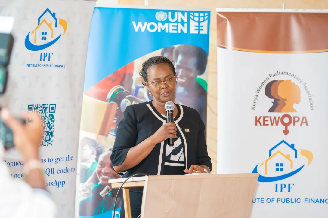 PS Anne Wang'ombe addresses participants during a sensitization workshop on the National Policy on Women's Economic Empowermnt.